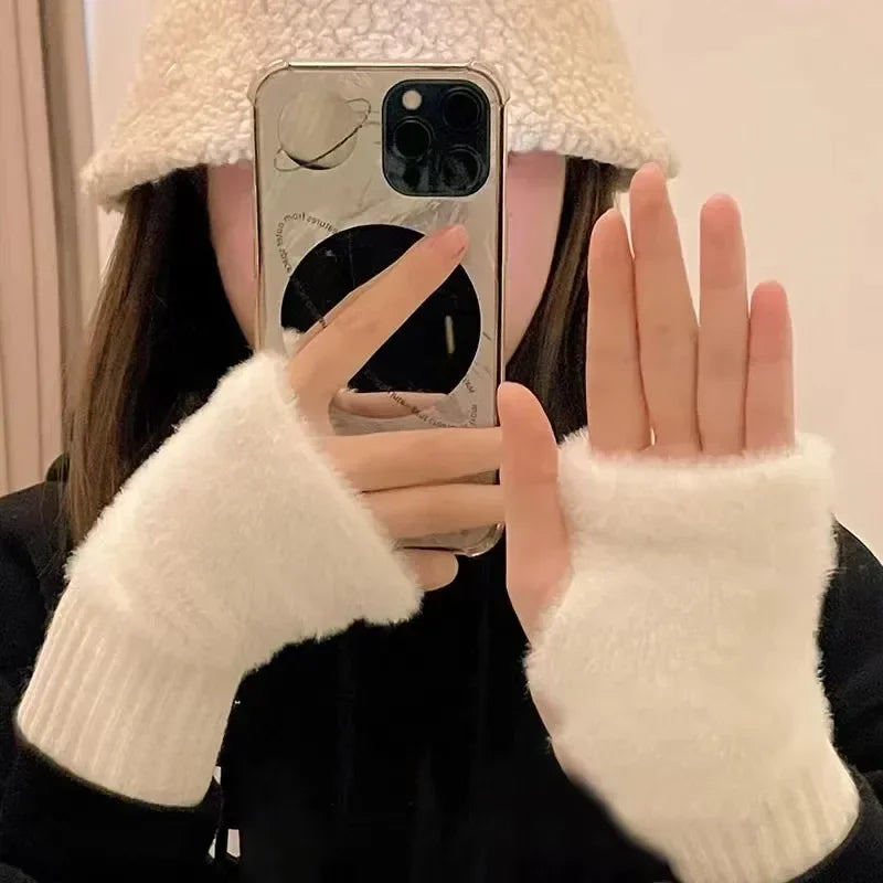 Gants demi-doigts en polaire de vison pour femmes, doux et chauds en hiver, couleur unie luxueuse, tricotés en peluche douce et sans doigts