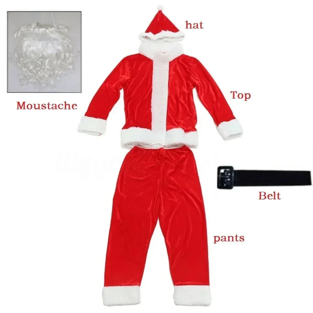 Costume de Père Noël pour homme et femme, déguisement de fête, rouge, avec manteau, pantalon, ceinture, chapeau
