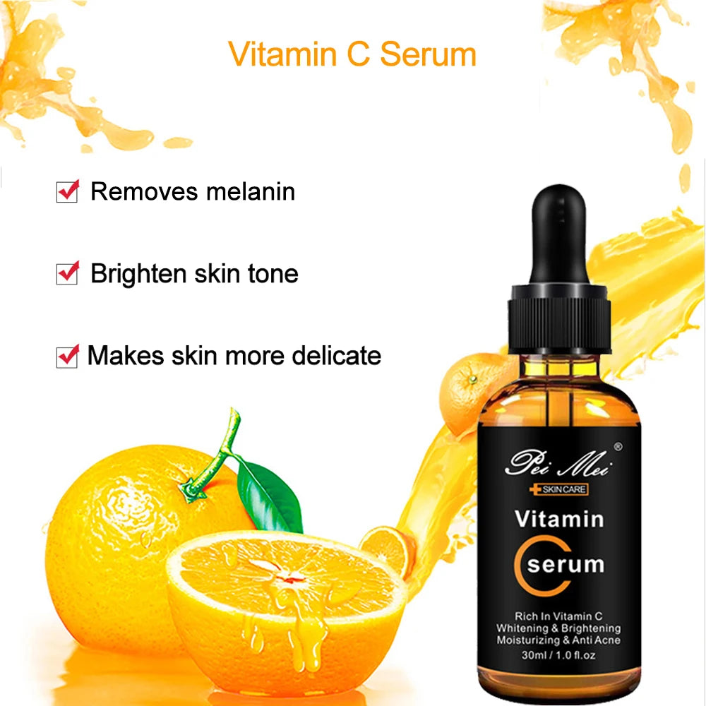 Produits de soins de la peau Sérum visage à la vitamine C Éclaircit la peau Éclaircit les taches Essence visage à l'acide hyaluronique Produits de soins de la peau 30 ml