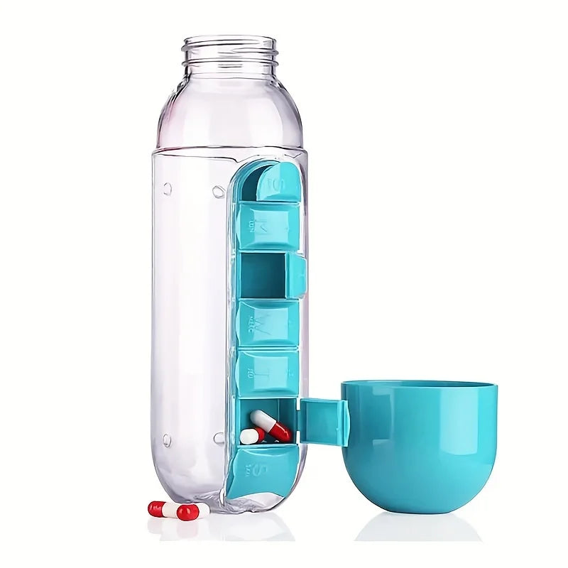 Bouteille d'eau portable avec pilulier intégré pour médicaments et vitamines, idéale pour l'extérieur, la salle de sport, le fitness, le camping et les voyages.