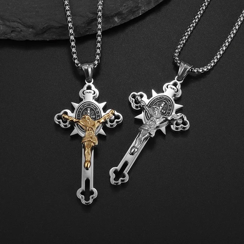 Collier pendentif croix de Saint Benoît Jésus pour hommes et femmes, amulette religieuse chrétienne catholique en acier inoxydable
