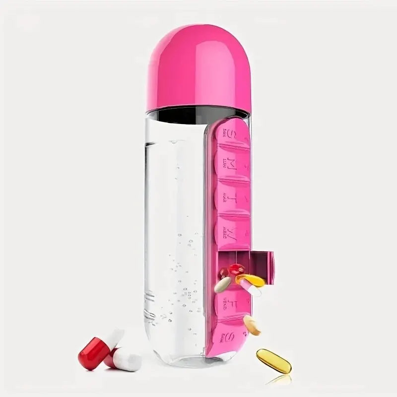 Bouteille d'eau portable avec pilulier intégré pour médicaments et vitamines, idéale pour l'extérieur, la salle de sport, le fitness, le camping et les voyages.