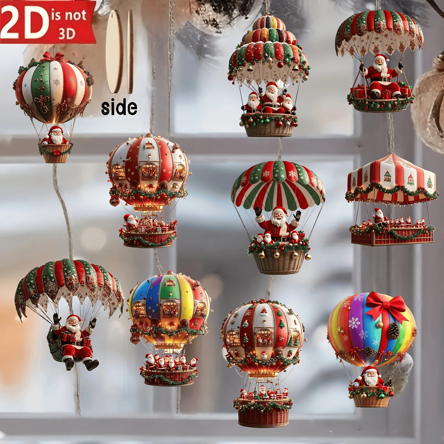 Lot de 10 montgolfières de Noël en bois 2D, pendentif plat en bois, décoration d'arbre de Noël, cadeau idéal pour les vacances