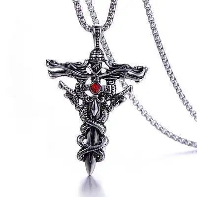 Collier homme, pendentif double épée de dragon, anneau ras du cou, vintage, croix, bijoux cadeau