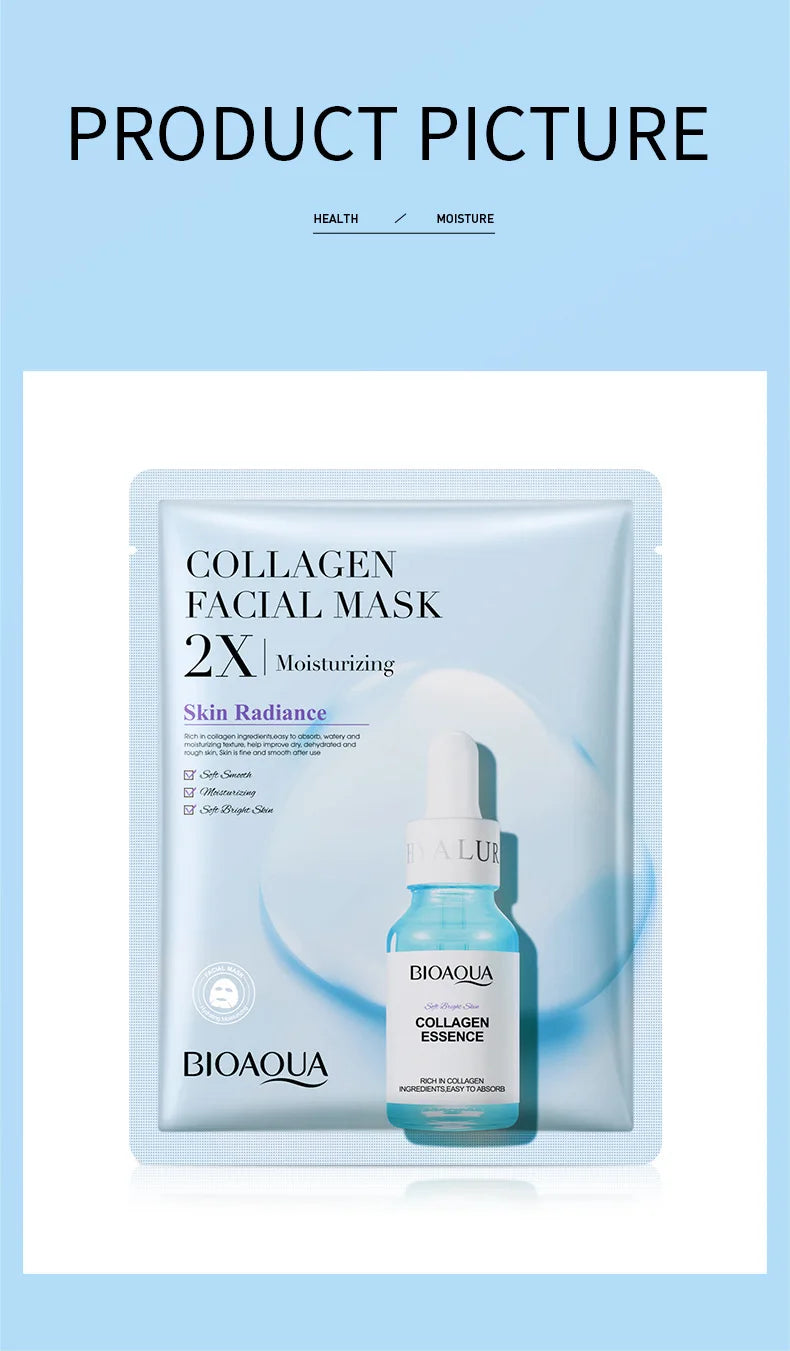 Lot de 20 masques visage BIOAQUA Centella Collagène, hydratants et rafraîchissants, à l'acide hyaluronique, produits de soins pour la peau