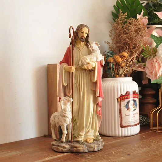 Figurine du Saint-Père Jésus, récits bibliques catholiques tenant un mouton, ornement pour la décoration de la maison ou du bureau, statue de croyance religieuse