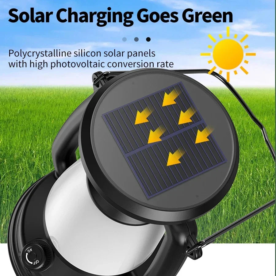 Lampe de camping portable rechargeable par USB et à énergie solaire, 3 modes d'éclairage, intensité variable, idéale pour une tente ou une tente