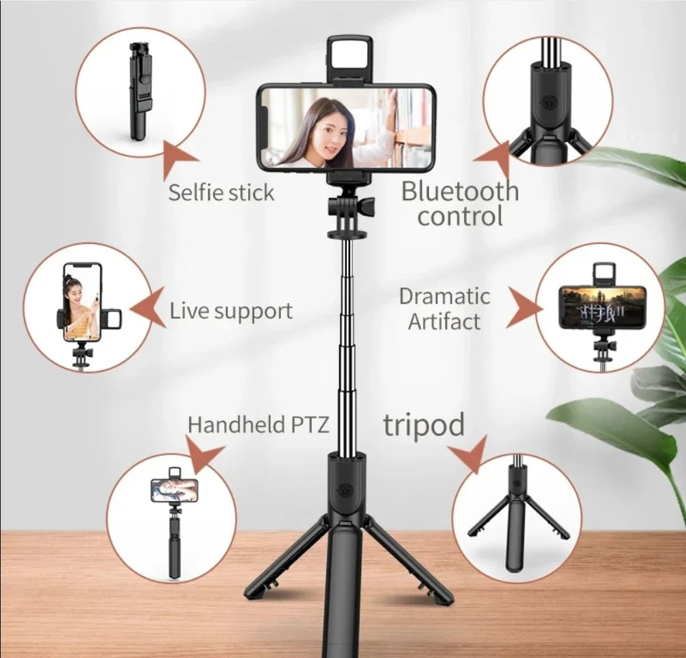 Perche Selfie Trépied Bluetooth avec Lumière LED & Télécommande Sans Fil pour iPhone et Android