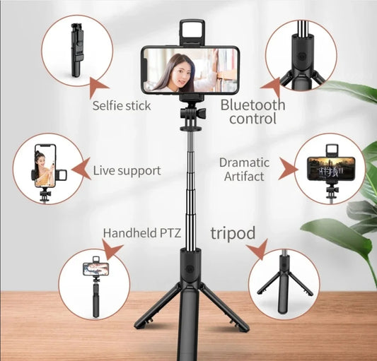 Perche Selfie Trépied Bluetooth avec Lumière LED & Télécommande Sans Fil pour iPhone et Android