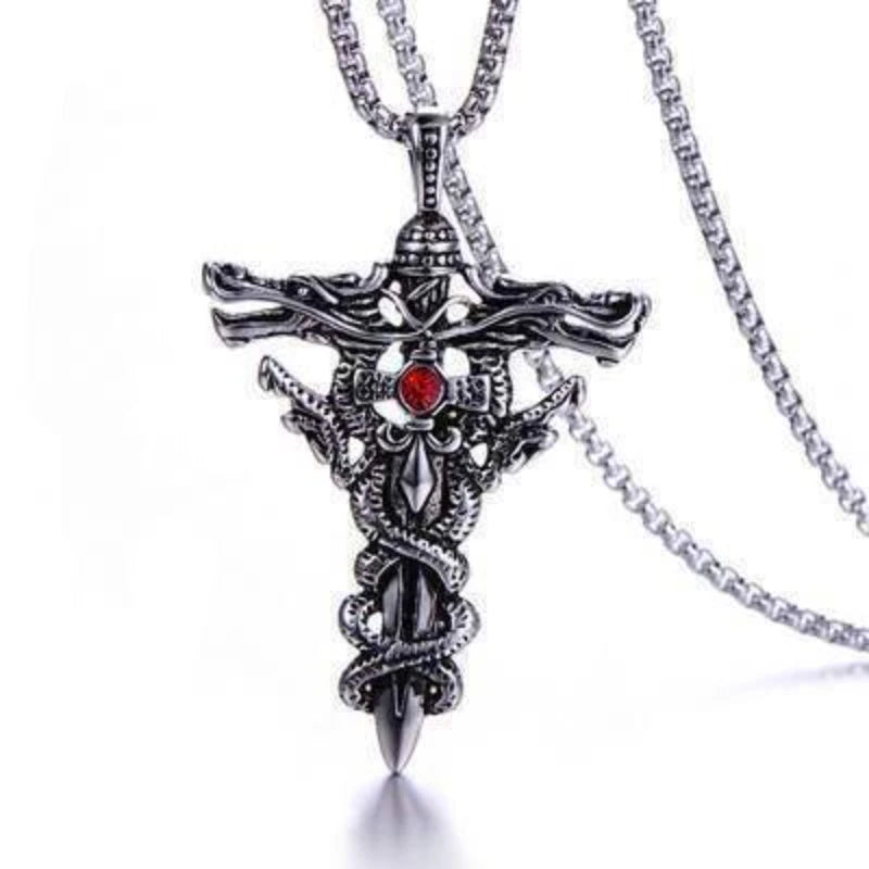 Collier homme, pendentif double épée de dragon, anneau ras du cou, vintage, croix, bijoux cadeau