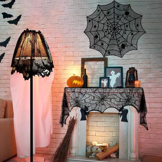 Nappe d'Halloween en dentelle noire avec toile d'araignée et chauve-souris, décoration de table familiale pour fête d'Halloween