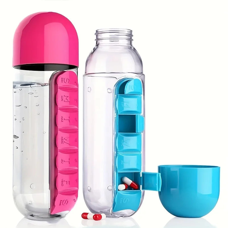 Bouteille d'eau portable avec pilulier intégré pour médicaments et vitamines, idéale pour l'extérieur, la salle de sport, le fitness, le camping et les voyages.