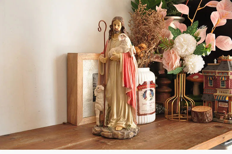 Figurine du Saint-Père Jésus, récits bibliques catholiques tenant un mouton, ornement pour la décoration de la maison ou du bureau, statue de croyance religieuse
