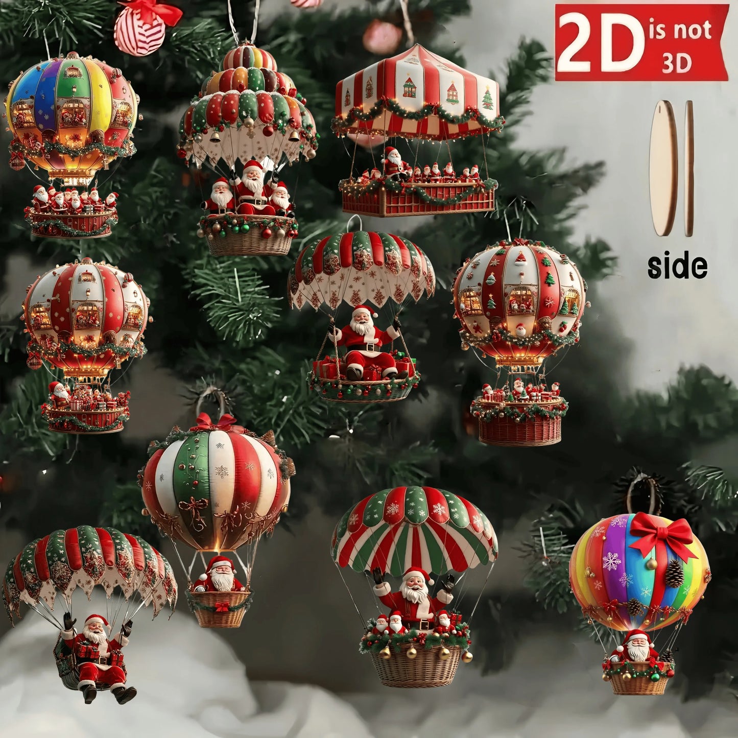 Lot de 10 montgolfières de Noël en bois 2D, pendentif plat en bois, décoration d'arbre de Noël, cadeau idéal pour les vacances