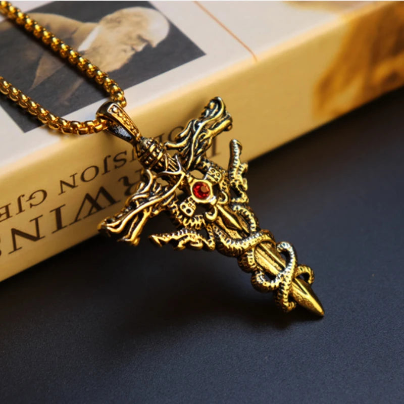 Collier homme, pendentif double épée de dragon, anneau ras du cou, vintage, croix, bijoux cadeau