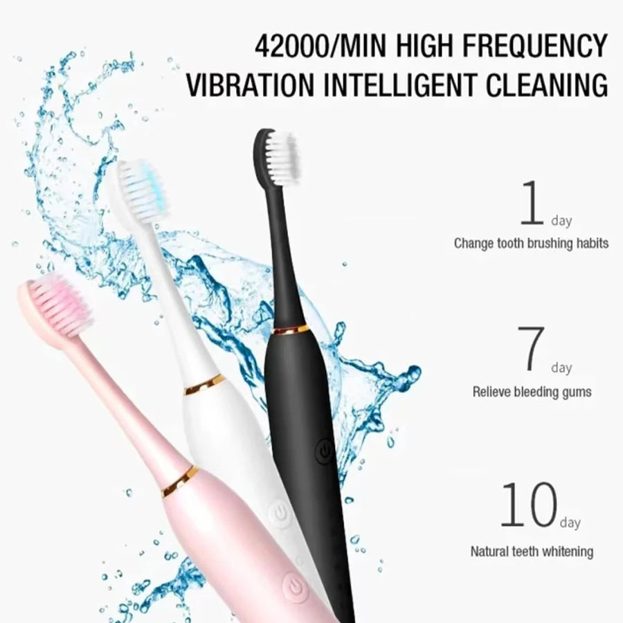 Brosse à dents électrique sonique pour adultes, tête de brosse DuPont étanche IPX7, rechargeable par USB, nettoyage haute fréquence, 6 modes de nettoyage