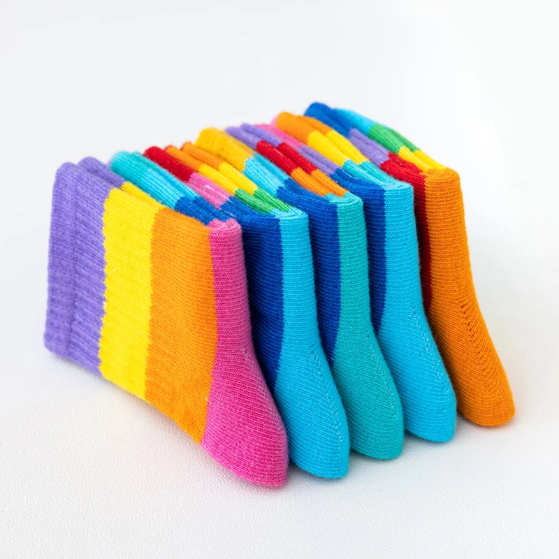 Lot de 5 paires de chaussettes arc-en-ciel pour fille, en coton, confortables, respirantes et douces