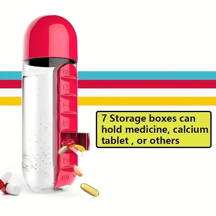 Bouteille d'eau portable avec pilulier intégré pour médicaments et vitamines, idéale pour l'extérieur, la salle de sport, le fitness, le camping et les voyages.