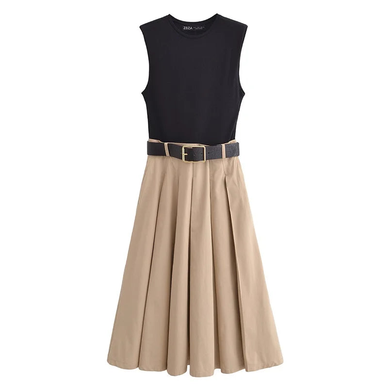 Robe midi plissée avec ceinture pour femme, robe d'été sans manches, robe de soirée tricotée pour femme, robe d'été