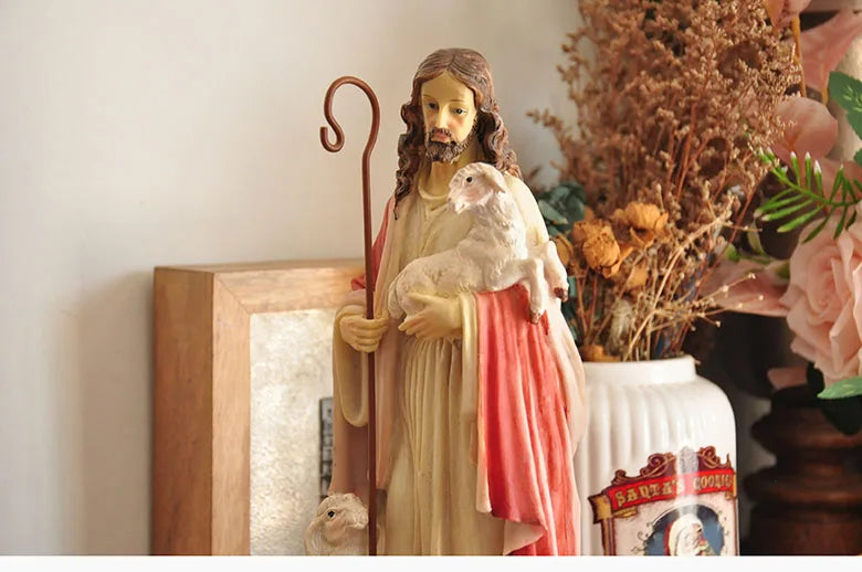 Figurine du Saint-Père Jésus, récits bibliques catholiques tenant un mouton, ornement pour la décoration de la maison ou du bureau, statue de croyance religieuse