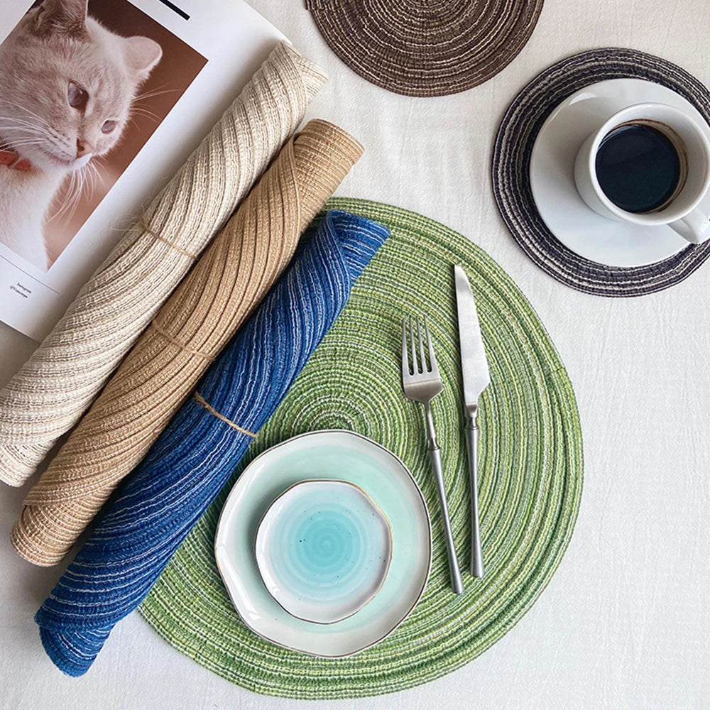 Lot de 6 sets de table ronds en ramie tissée, antidérapants, pour table à manger, pour la cuisine, les boissons et les bols