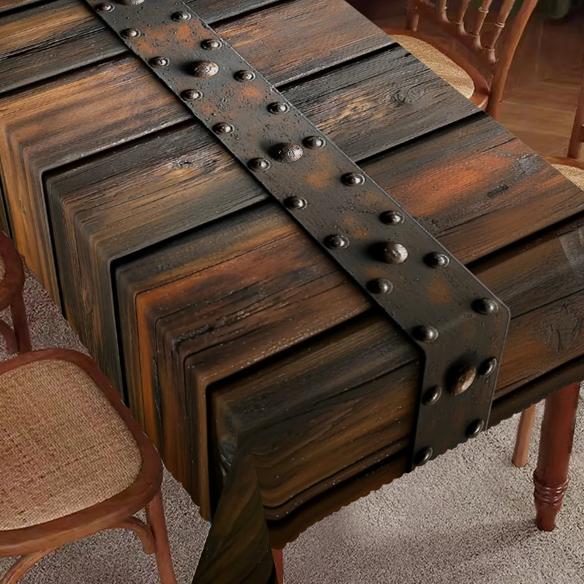 1 nappe en polyester à motif grain de bois avec bord festonné, idéale pour la décoration de la maison, de la cuisine ou de la chambre.