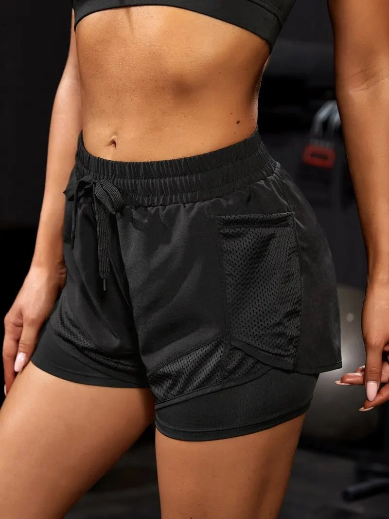 Short de sport élastique pour femme, short avec poches, faux legging de yoga deux pièces pour la course et l'entraînement