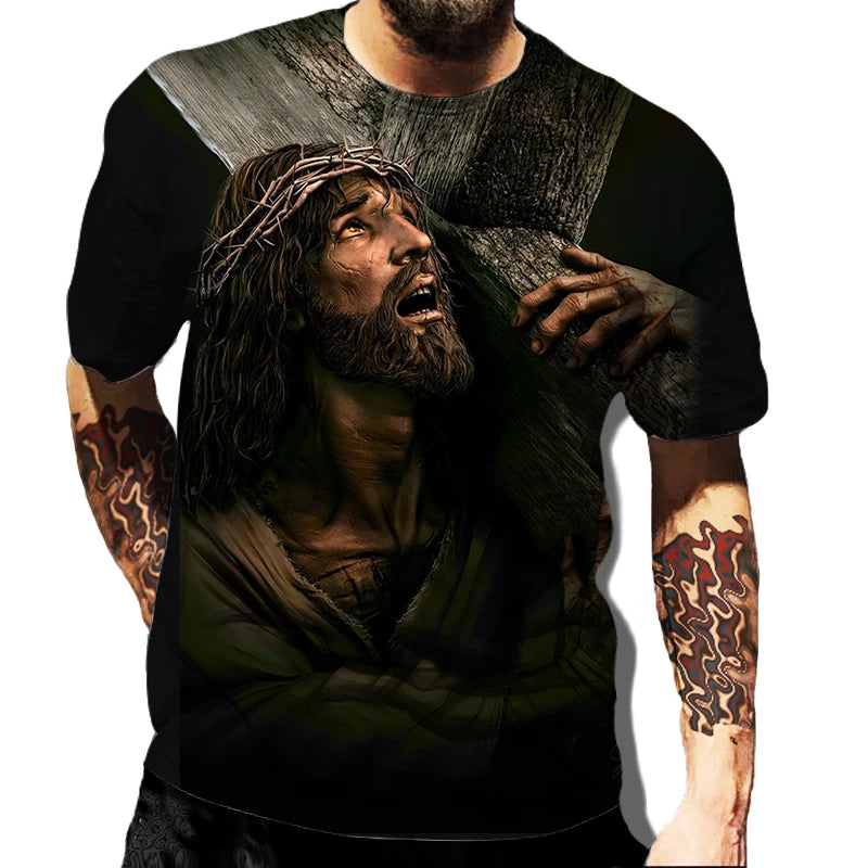 T-shirt homme imprimé en 3D avec croix de Jésus-Christ, style classique, manches courtes, coupe ample et décontractée, tendance streetwear.