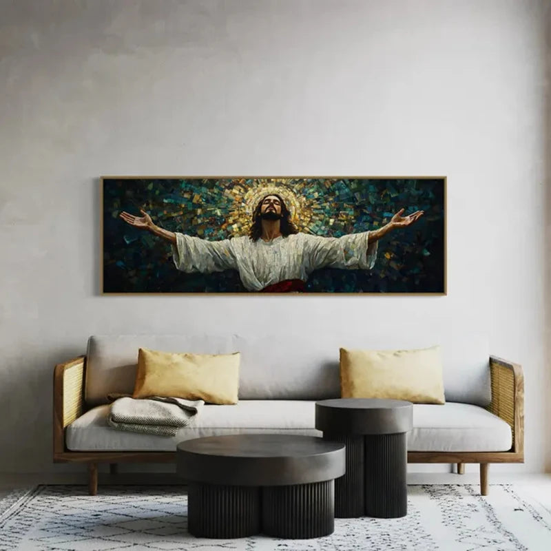 Impression sur toile murale Jésus - Toile mosaïque de Jésus les bras ouverts, lumière divine et spirituelle, affiche sur toile d'œuvre d'art chrétienne