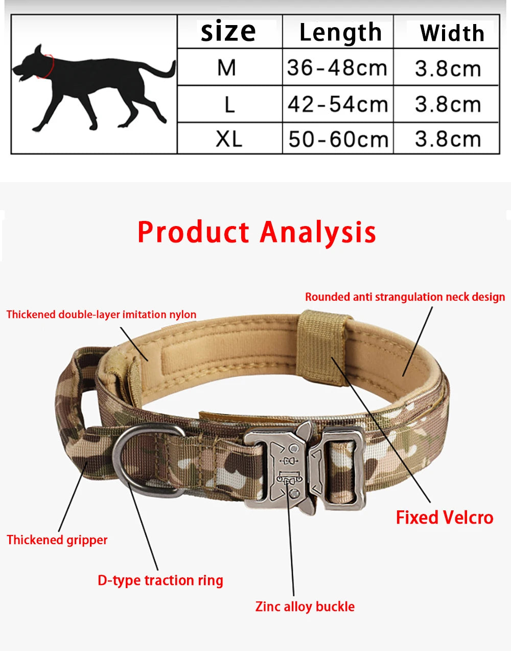 Collier tactique d'extérieur pour chien avec boucle en métal et nylon respirant, collier de dressage pour chien de taille moyenne et grande