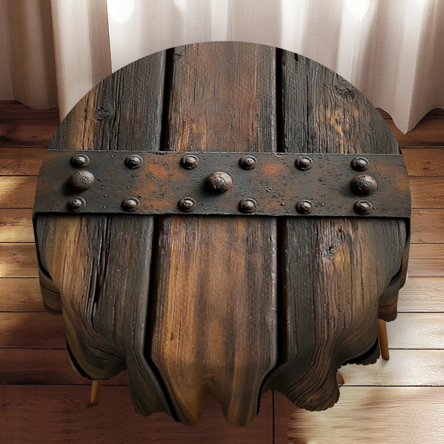 1 nappe en polyester à motif grain de bois avec bord festonné, idéale pour la décoration de la maison, de la cuisine ou de la chambre.