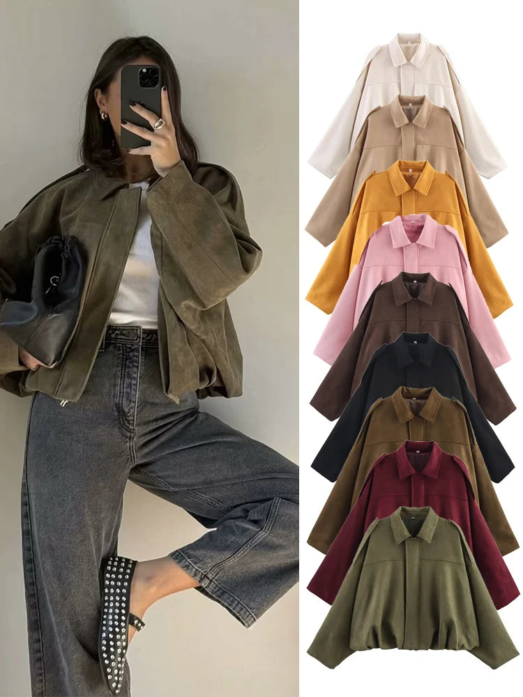 TFMLN Femmes Daim Bomber Veste Printemps Nouvelle Mode Manches Longues Fermeture Éclair Oversize Solide Bomber Manteau Chic Dame 2025 Streetwear