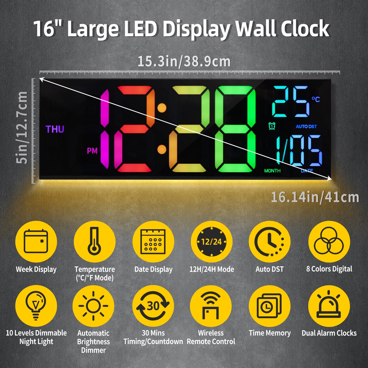 Horloge murale numérique de 16 pouces, grand écran LED avec télécommande, 8 couleurs RVB, alarme, heure d'été, température pour salon et cuisine.