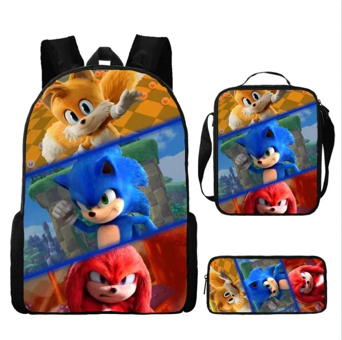 Ensemble de 3 sacs repas dessin animé, sac à déjeuner Sonic, sac à crayons, sac à dos pour élèves du primaire et du collège, sac d'école dessin animé Mochila