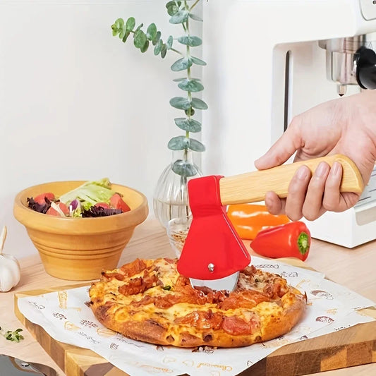 1 couteau à pizza à rouleau en acier inoxydable, manche en bois créatif, hache, couteau à pizza circulaire à manche central