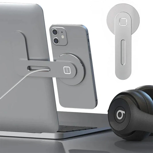 Support magnétique pour ordinateur portable et téléphone (2024) : fixation latérale, fin et pliable, compatible avec les iPhone 14, 13 et 12, et tous les autres modèles de téléphone.