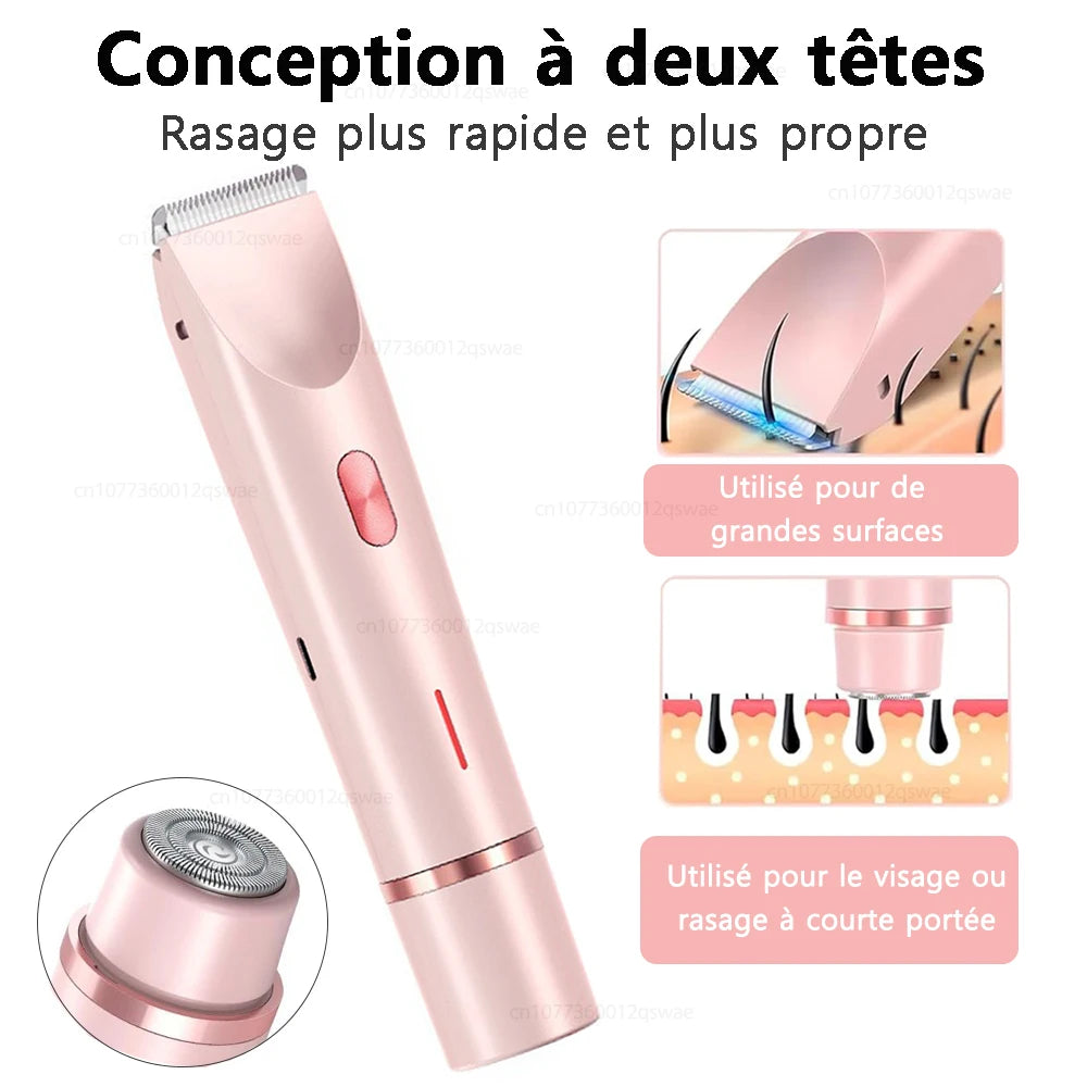 Rasoir électrique pour femme, double tête, double usage, épilateur pour le corps, les jambes, les aisselles et le maillot. Tondeuse électrique pour le rasage et l'épilation.