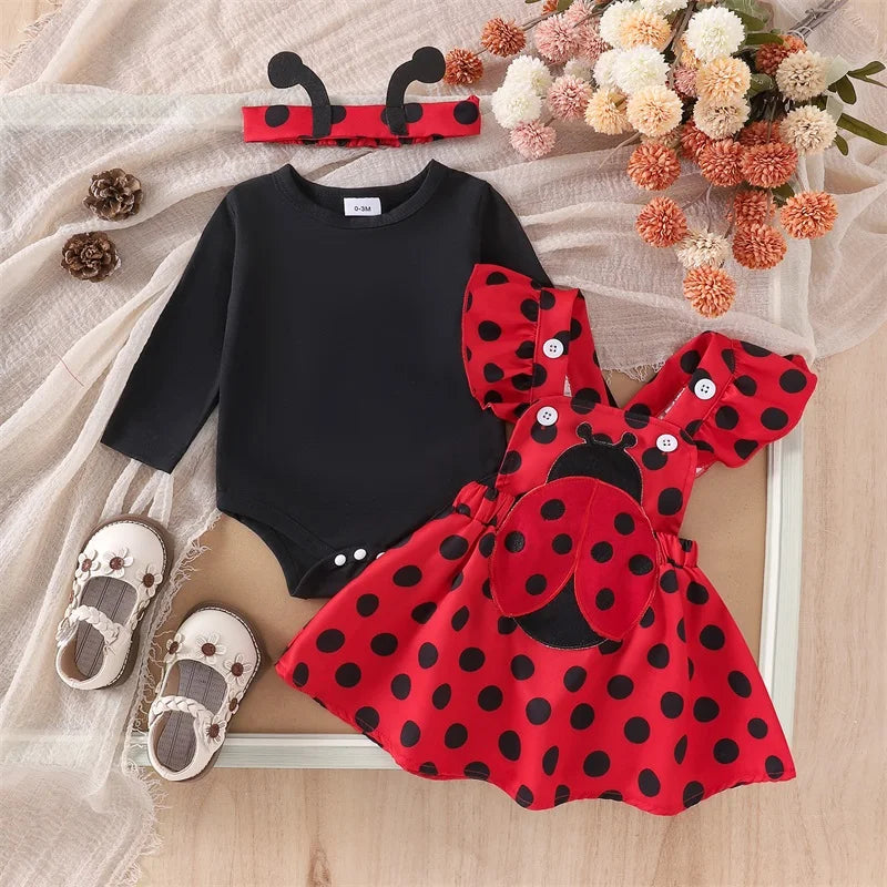 Tenue pour nouveau-né fille, barboteuse à manches longues et volantes, jupe à bretelles et abeille, vêtements mignons pour bébé fille, automne et hiver