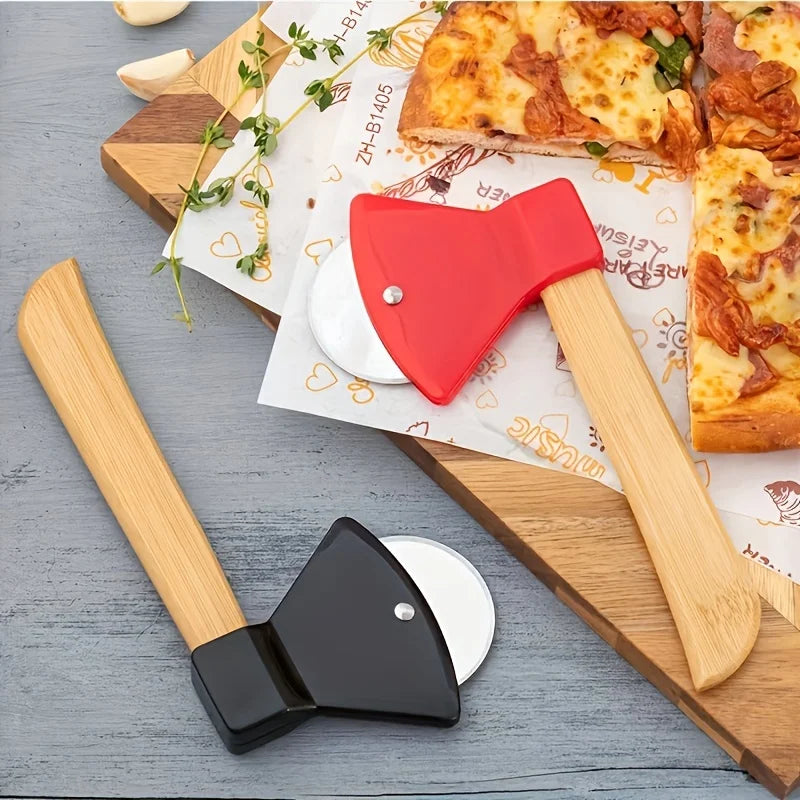 1 couteau à pizza à rouleau en acier inoxydable, manche en bois créatif, hache, couteau à pizza circulaire à manche central