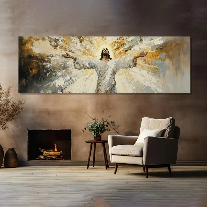 Impression sur toile murale Jésus - Toile mosaïque de Jésus les bras ouverts, lumière divine et spirituelle, affiche sur toile d'œuvre d'art chrétienne