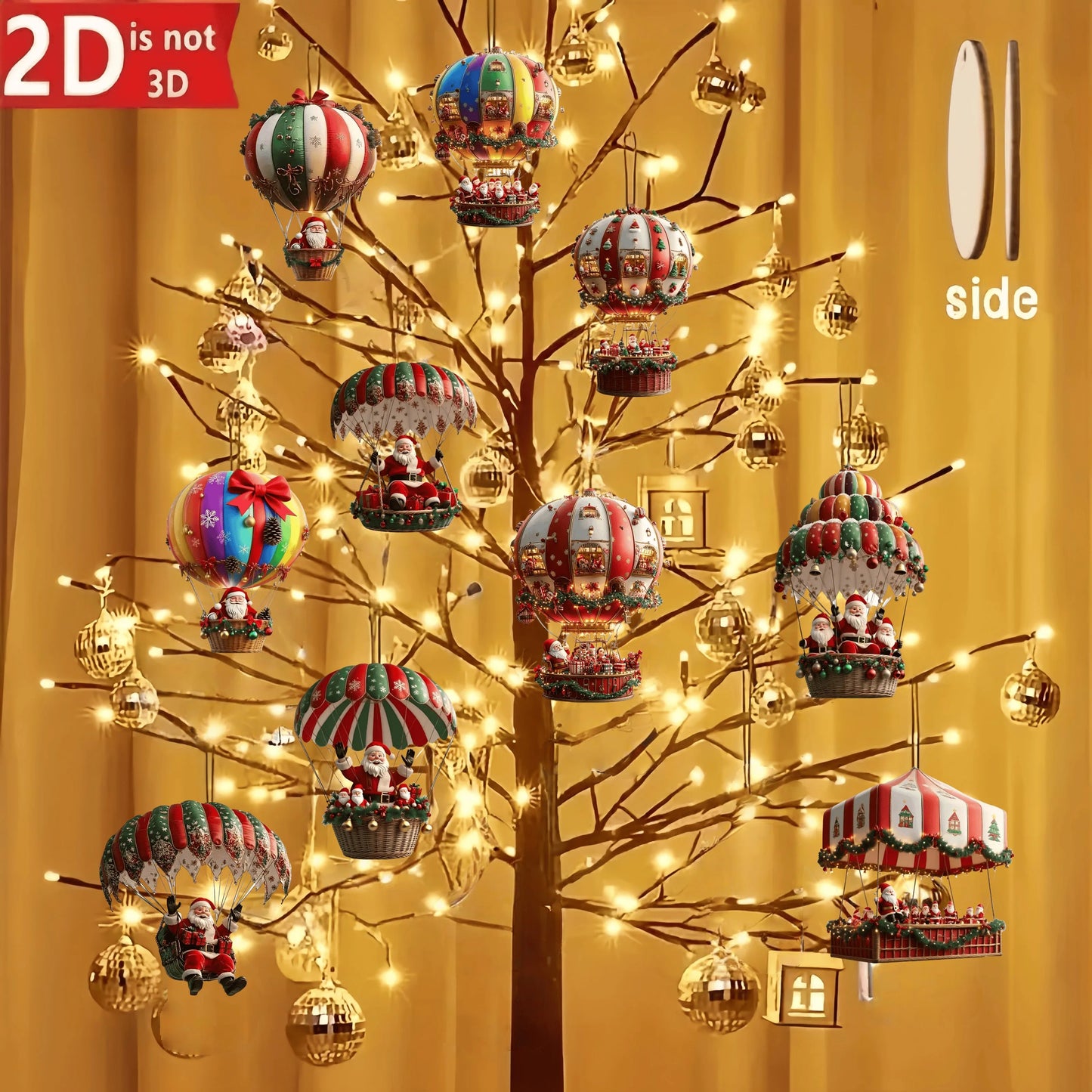 Lot de 10 montgolfières de Noël en bois 2D, pendentif plat en bois, décoration d'arbre de Noël, cadeau idéal pour les vacances
