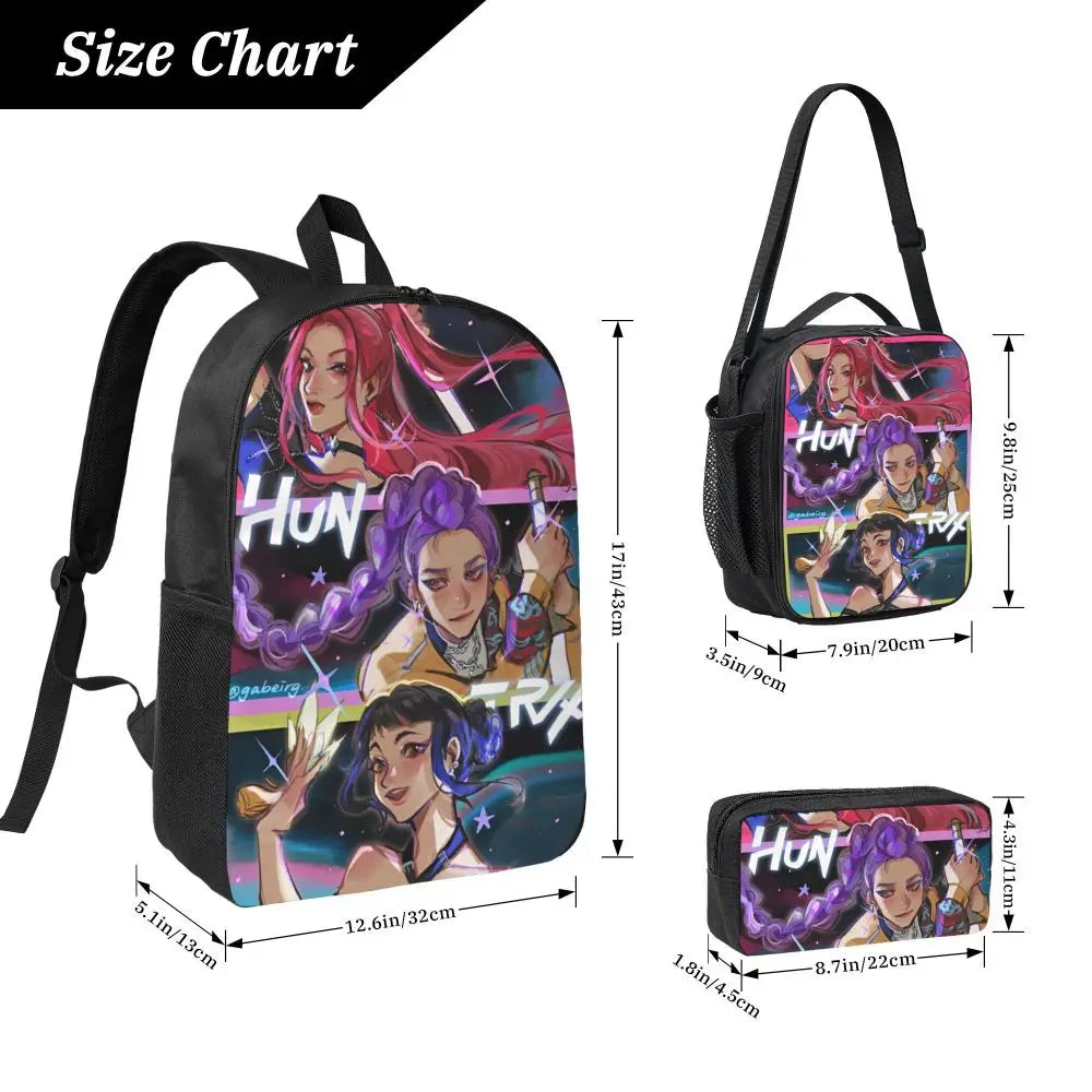 Ensemble de 3 sacs à dos Kpop Demon Hunters Huntrix pour enfants, boîtes à crayons, sacs à livres avec boîte à lunch pour écoliers