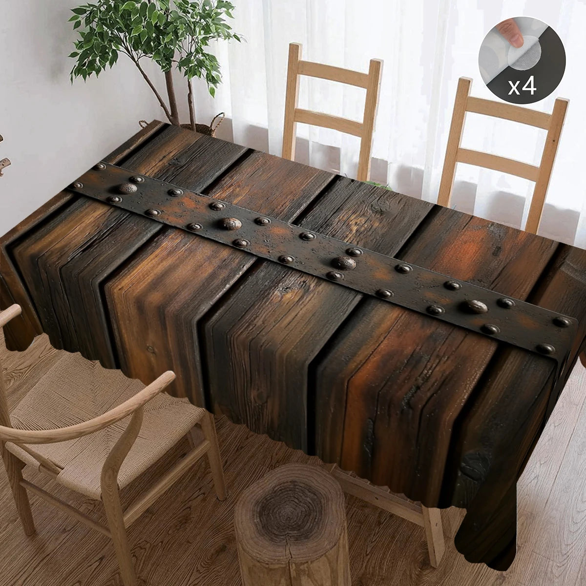 1 nappe en polyester à motif grain de bois avec bord festonné, idéale pour la décoration de la maison, de la cuisine ou de la chambre.