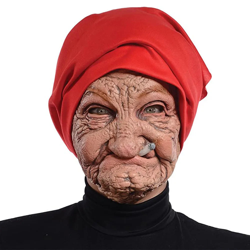 Masque en latex représentant une grand-mère fumeuse, un vieux grand-mère au visage ridé et à l'écharpe rouge, accessoire de déguisement pour Halloween
