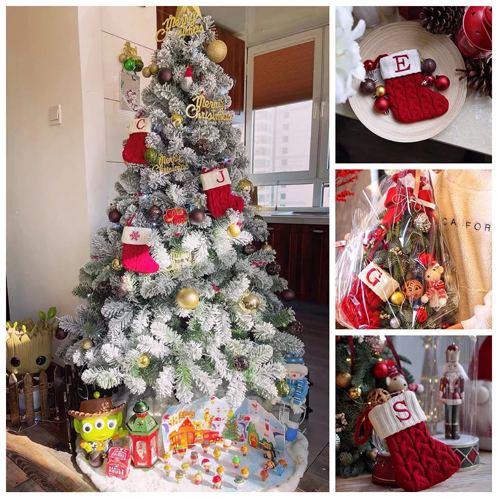 Chaussettes de Noël tricotées avec flocons de neige et lettres, décoration de Noël 2025 pour la maison, ornement pour sapin de Noël, cadeau pour Noël 2026