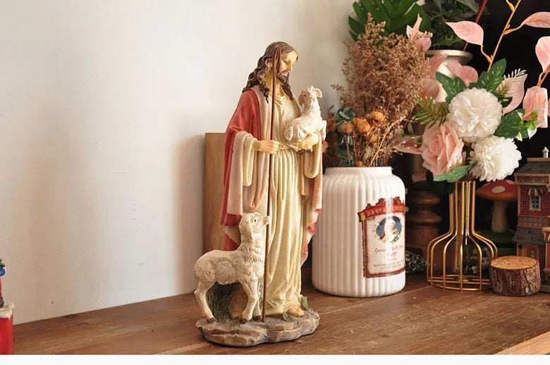 Figurine du Saint-Père Jésus, récits bibliques catholiques tenant un mouton, ornement pour la décoration de la maison ou du bureau, statue de croyance religieuse