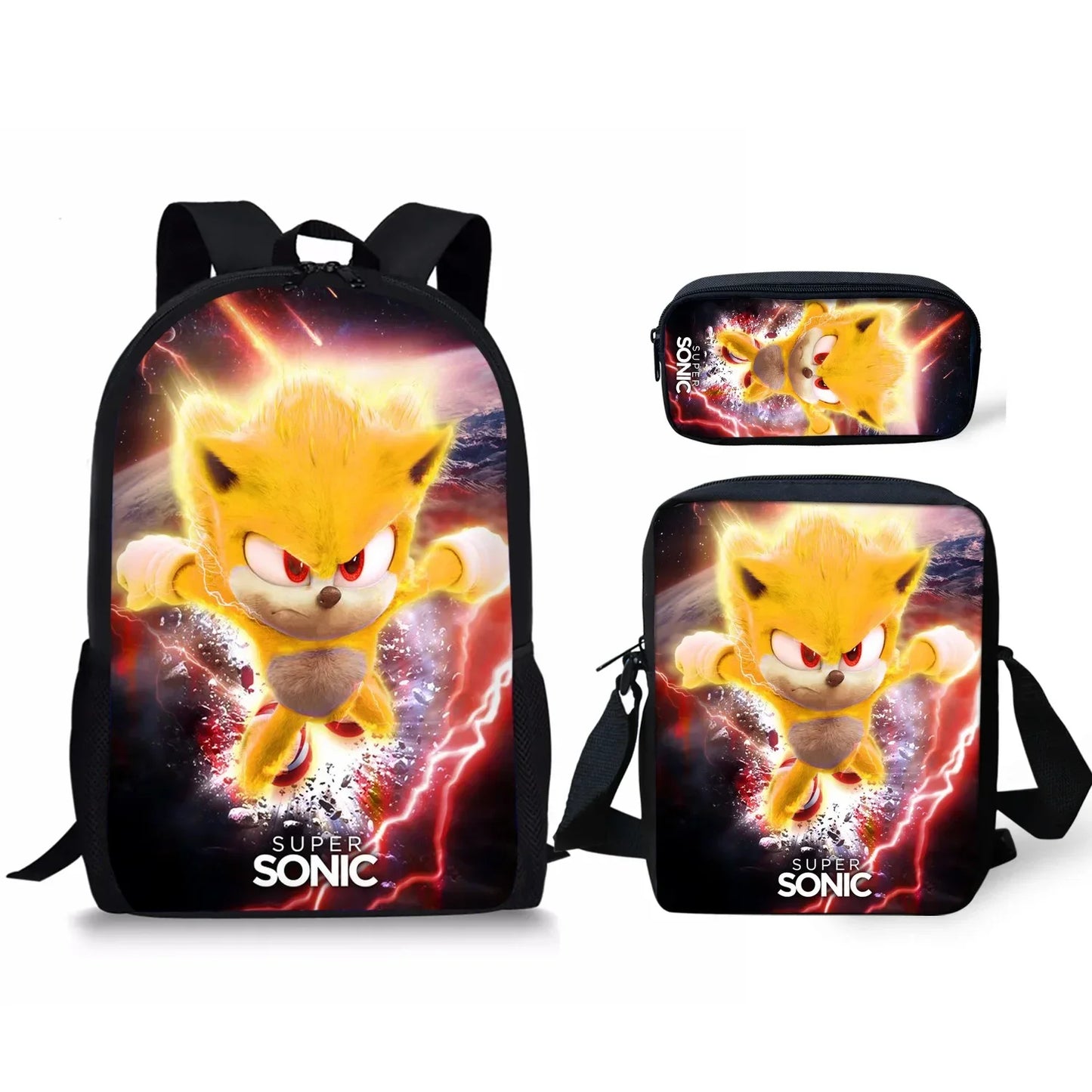 Ensemble de 3 sacs repas dessin animé, sac à déjeuner Sonic, sac à crayons, sac à dos pour élèves du primaire et du collège, sac d'école dessin animé Mochila