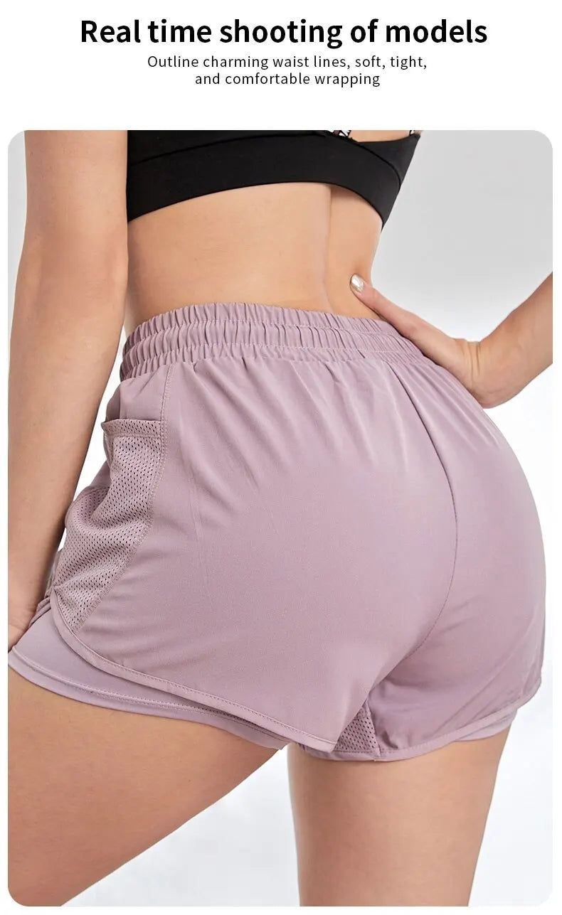 Short de sport élastique pour femme, short avec poches, faux legging de yoga deux pièces pour la course et l'entraînement
