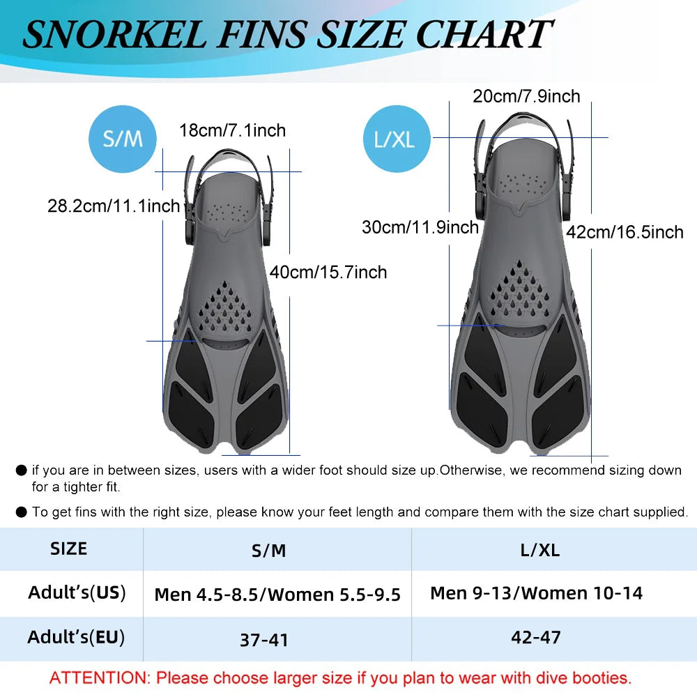 Palmes de plongée avec tuba, boucles réglables, palmes de natation, chaussures de plongée courtes en silicone, talon ouvert, taille de voyage, adulte, homme, femme