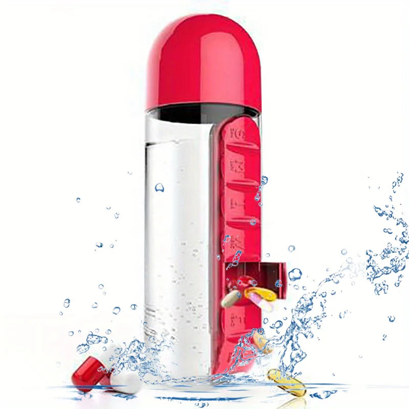 Bouteille d'eau portable avec pilulier intégré pour médicaments et vitamines, idéale pour l'extérieur, la salle de sport, le fitness, le camping et les voyages.